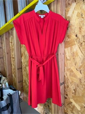 Monteau Red Cap-Sleeve Belted Midi Dress